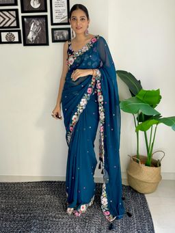 Akhilam - Womens Georgette Teal Blue Embellished Designer Saree with Unstitched Blouse