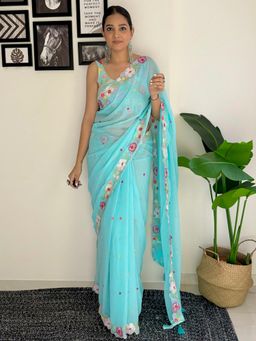 Akhilam - Womens Georgette Light Blue Embellished Designer Saree with Unstitched Blouse