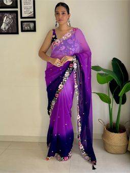 Akhilam - Womens Georgette Purple Embellished Designer Saree with Unstitched Blouse