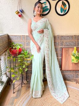 Akhilam - Womens Georgette Light Green Embellished Designer Saree with Unstitched Blouse