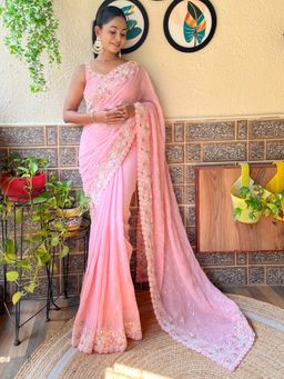 Akhilam - Womens Georgette Pink Embellished Designer Saree with Unstitched Blouse