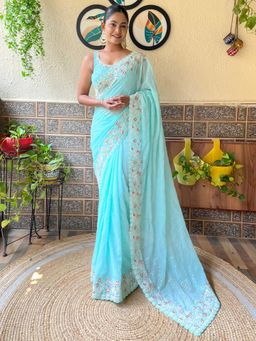 Akhilam - Womens Georgette Light Blue Embellished Designer Saree with Unstitched Blouse