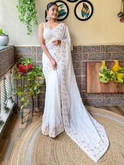 Akhilam - Womens Georgette White Embellished Designer Saree with Unstitched Blouse