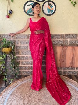 Akhilam - Womens Georgette Red Embellished Designer Saree with Unstitched Blouse