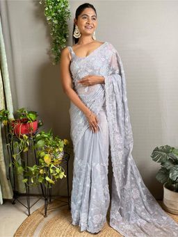 Akhilam - Womens Georgette Grey Embellished Designer Saree with Unstitched Blouse