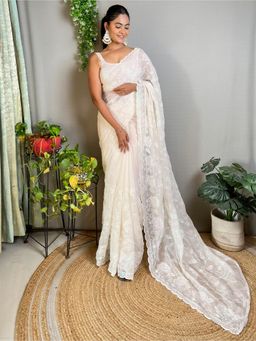 Akhilam - Womens Georgette Off White Embellished Designer Saree with Unstitched Blouse