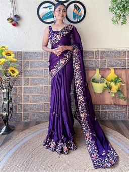 Akhilam - Womens Chiffon Purple Embellished Designer Saree with Unstitched Blouse