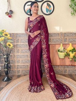 Akhilam - Womens Chiffon Magenta Embellished Designer Saree with Unstitched Blouse