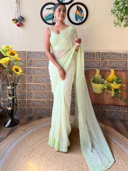 Akhilam - Womens Georgette Light Green Embellished Designer Saree with Unstitched Blouse