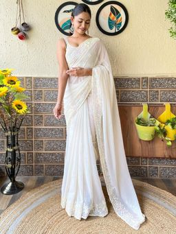 Akhilam - Womens Georgette Off White Embellished Designer Saree with Unstitched Blouse