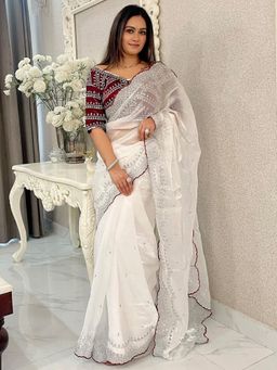 Akhilam - Womens Organza White Embellished Designer Saree with Unstitched Blouse