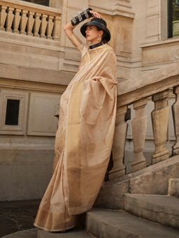 Akhilam - Womens Silk Blend Cream Woven Designer Saree with Unstitched Blouse