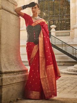 Akhilam - Womens Silk Blend Red Woven Designer Saree with Unstitched Blouse