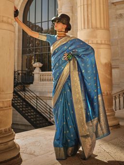Akhilam - Womens Silk Blend Blue Woven Designer Saree with Unstitched Blouse