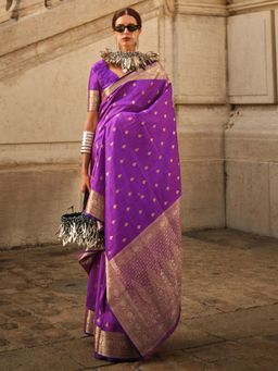 Akhilam - Womens Silk Blend Purple Woven Designer Saree with Unstitched Blouse