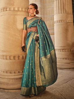 Akhilam - Womens Silk Blend Teal Blue Woven Designer Saree with Unstitched Blouse