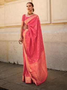 Akhilam - Womens Silk Blend Pink Woven Designer Saree with Unstitched Blouse