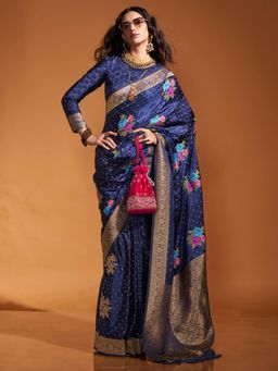Akhilam - Womens Satin Silk Navy Blue Woven Designer Saree with Unstitched Blouse
