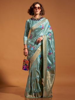 Akhilam - Womens Satin Silk Light Blue Woven Designer Saree with Unstitched Blouse