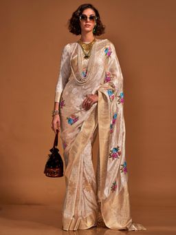 Akhilam - Womens Satin Silk Cream Woven Designer Saree with Unstitched Blouse