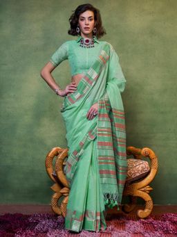 Akhilam - Womens Silk Blend Sea Green Woven Designer Saree with Unstitched Blouse