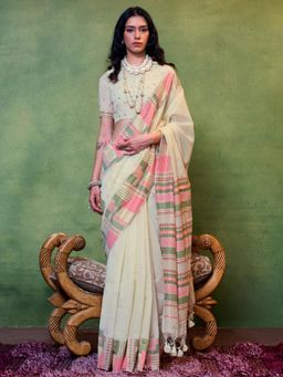 Akhilam - Womens Silk Blend Cream Woven Designer Saree with Unstitched Blouse