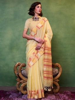 Akhilam - Womens Silk Blend Yellow Woven Designer Saree with Unstitched Blouse