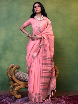 Akhilam - Womens Silk Blend Pink Woven Designer Saree with Unstitched Blouse