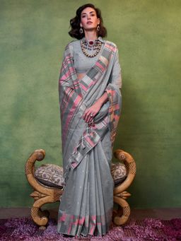 Akhilam - Womens Silk Blend Grey Woven Designer Saree with Unstitched Blouse