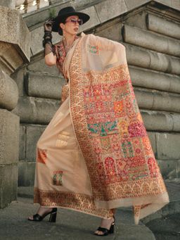 Akhilam - Womens Silk Blend Cream Woven Designer Saree with Unstitched Blouse