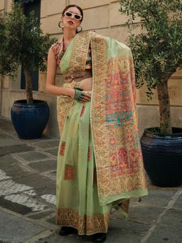 Akhilam - Womens Silk Blend Light Green Woven Designer Saree with Unstitched Blouse