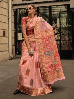 Akhilam - Womens Silk Blend Pink Woven Designer Saree with Unstitched Blouse