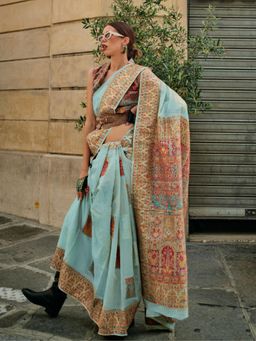 Akhilam - Womens Silk Blend Light Blue Woven Designer Saree with Unstitched Blouse