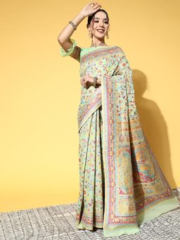 Sareemall - Womens Silk Blend Light Green Woven Design Celebrity Saree with Unstitched Blouse