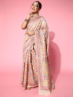 Sareemall - Womens Silk Blend Beige Woven Design Celebrity Saree with Unstitched Blouse