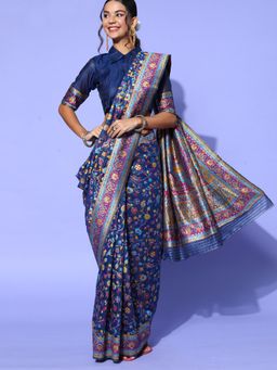 Sareemall - Womens Silk Blend Navy Blue Woven Design Celebrity Saree with Unstitched Blouse