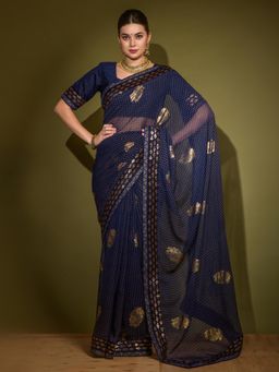 Akhilam - Womens Georgette Navy Blue Embellished Designer Saree with Unstitched Blouse