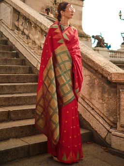 Akhilam - Womens Silk Blend Red Woven Designer Saree with Unstitched Blouse