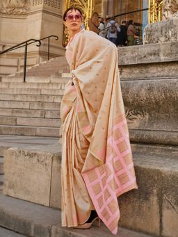 Akhilam - Womens Silk Blend Cream Woven Designer Saree with Unstitched Blouse