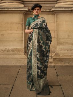 Akhilam - Womens Satin Silk Dark Green Woven Designer Saree with Unstitched Blouse
