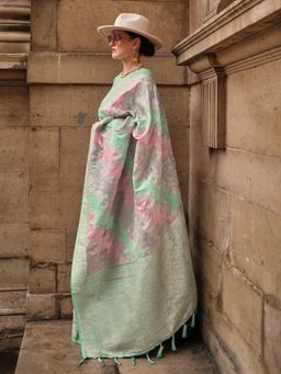 Akhilam - Womens Satin Silk Sea Green Woven Designer Saree with Unstitched Blouse