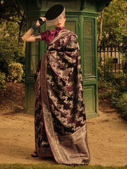 Akhilam - Womens Satin Silk Wine Woven Designer Saree with Unstitched Blouse