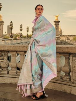 Akhilam - Womens Satin Silk Light Blue Woven Designer Saree with Unstitched Blouse