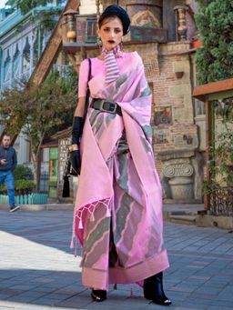 Akhilam - Womens Soft Silk Pink Woven Designer Saree with Unstitched Blouse