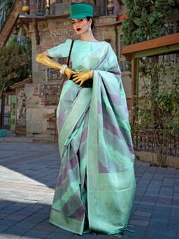 Akhilam - Womens Soft Silk Sea Green Woven Designer Saree with Unstitched Blouse