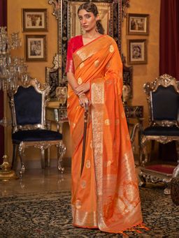 Akhilam - Womens Silk Blend Orange Woven Designer Saree with Unstitched Blouse