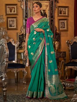 Akhilam - Womens Silk Blend Teal Blue Woven Designer Saree with Unstitched Blouse