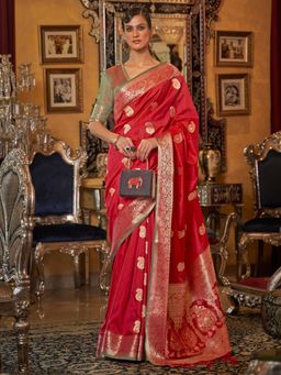 Akhilam - Womens Silk Blend Red Woven Designer Saree with Unstitched Blouse