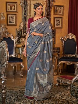 Akhilam - Womens Silk Blend Grey Woven Designer Saree with Unstitched Blouse