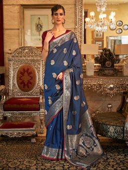 Akhilam - Womens Silk Blend Navy Blue Woven Designer Saree with Unstitched Blouse